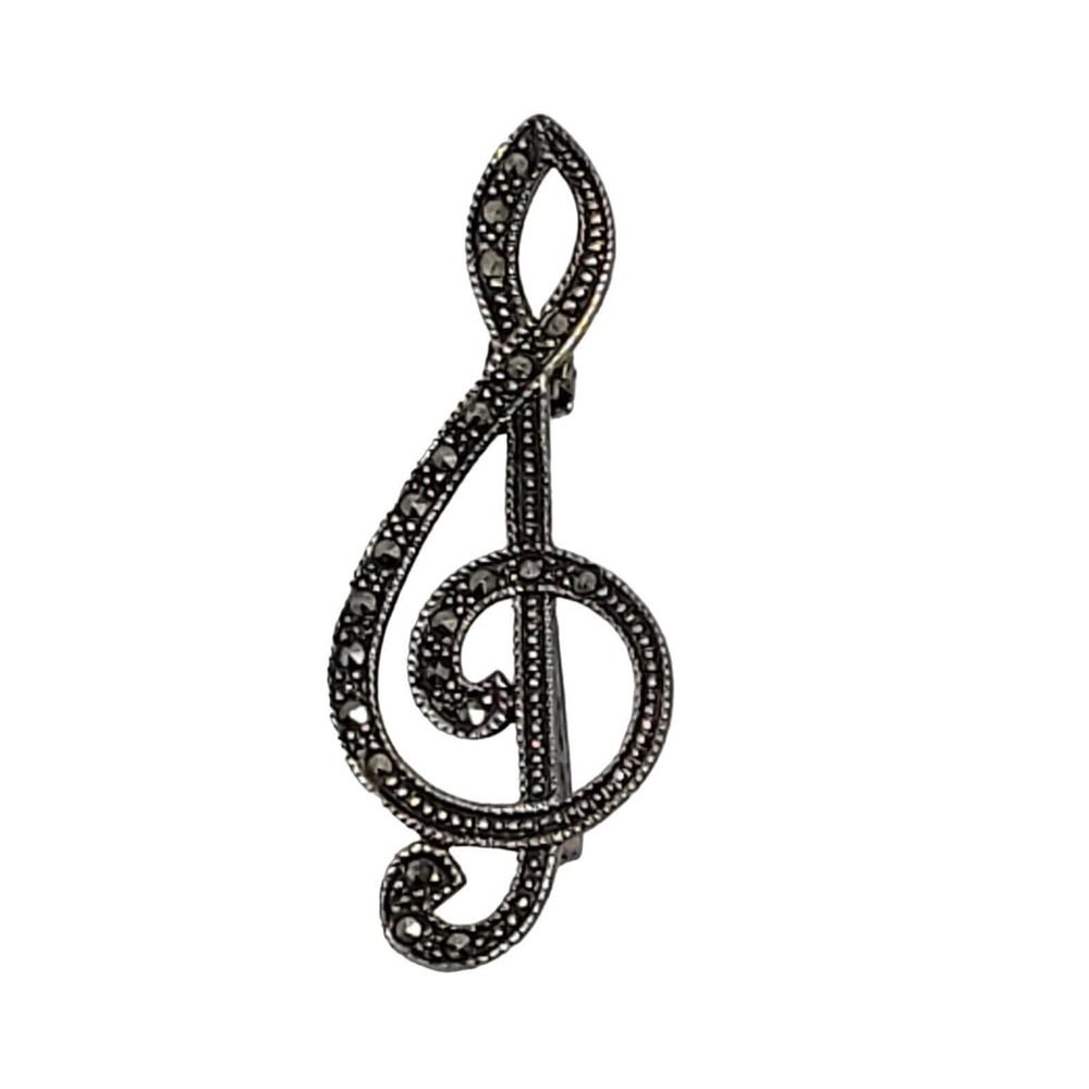 Vintage Signed MA Michael Anthony Sterling Silver Marcasite Treble Clef‎ Brooch